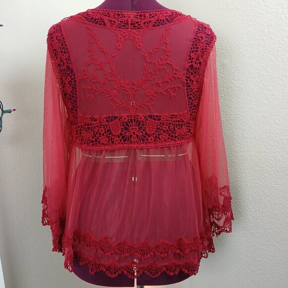 Sorrento Red Sheer Lace Top L blouse tunic swim cover boho lightweight summer - Picture 5 of 15